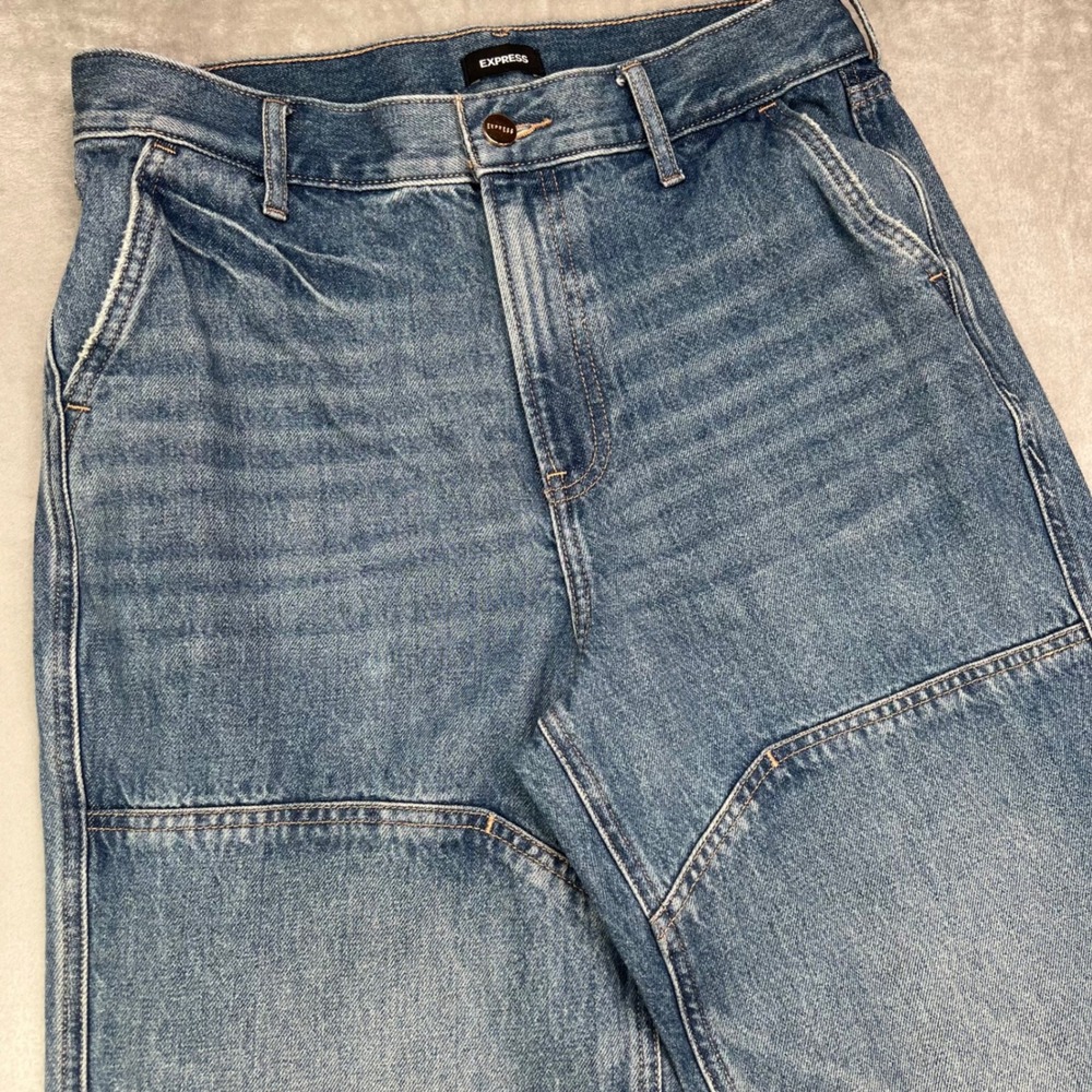 Express Modern Straight Jeans Womens 6 R Blue Medium Wash Super High Rise Seamed